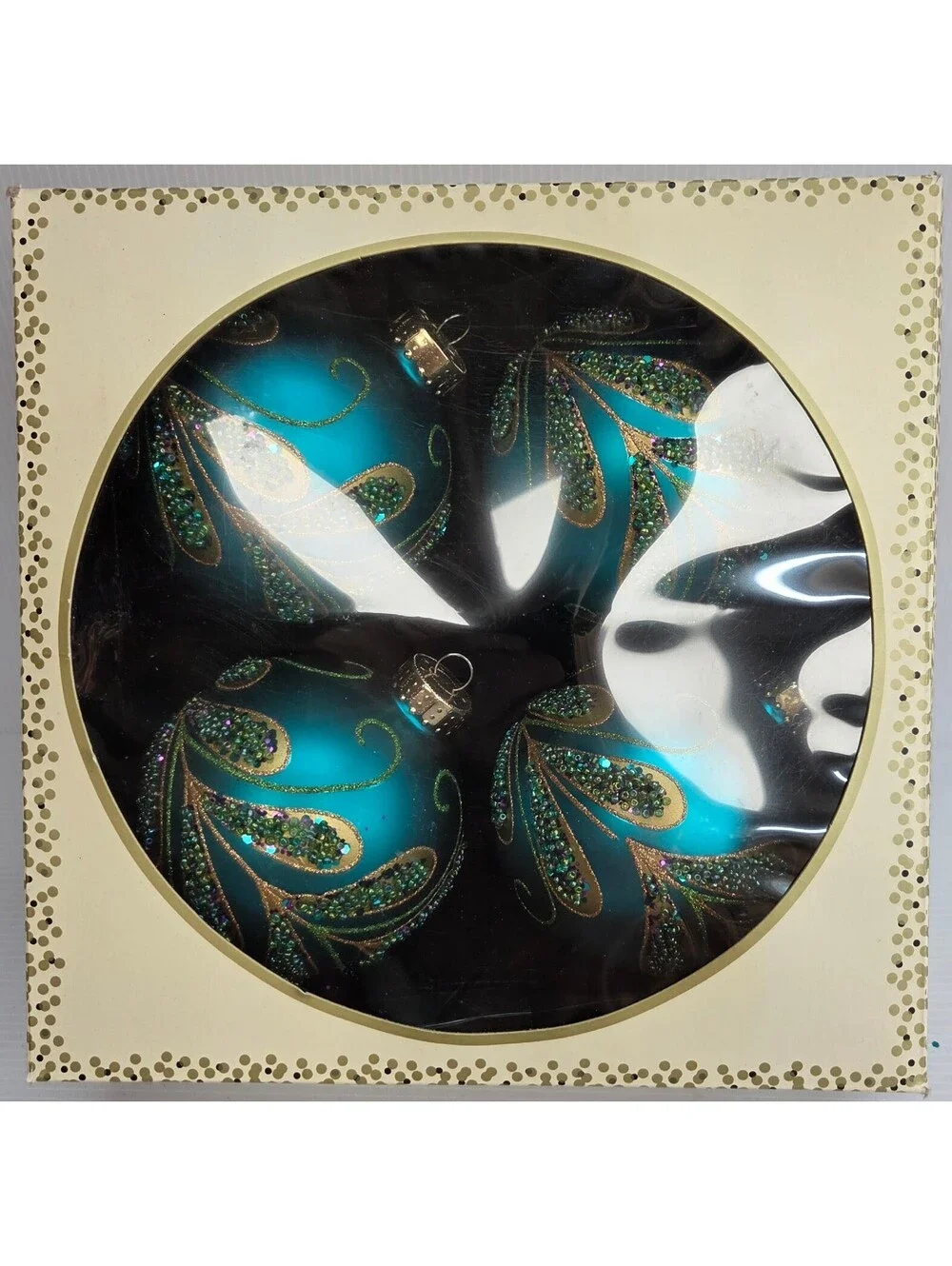 Set of 4 Teal Glass Christmas Ball Ornaments Gold Glitter Swirl Beaded 3.25